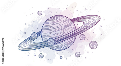 Illustration of Saturn with its iconic rings and several moons orbiting the gas giant.