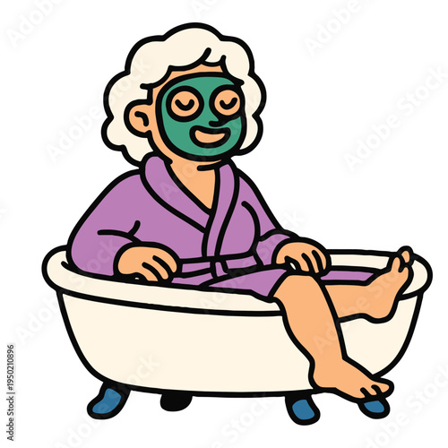 Elderly woman relaxing in bathtub with green facial mask, wearing purple robe, self care