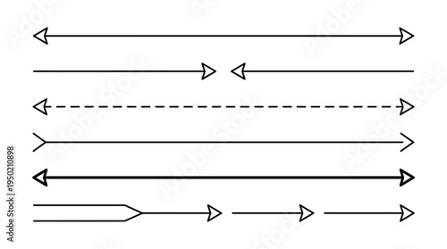 "Diagram of eight distinct arrow styles and line types used in technical drawings and schematics."