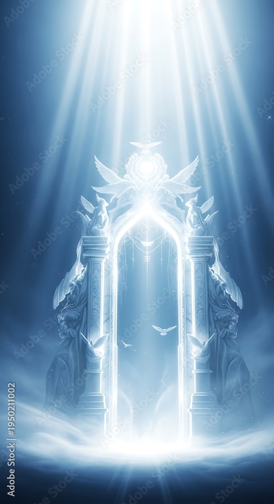 Fototapeta premium Bright ethereal gateway appears amidst swirling clouds under heavenly light beams