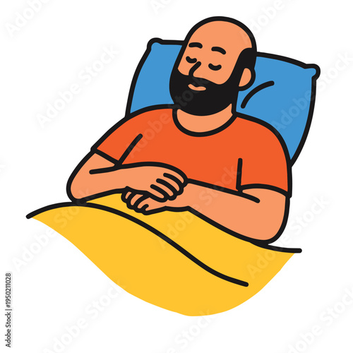 Bald man sleeping peacefully in bed, orange shirt, blue pillow, yellow blanket, relaxed mood