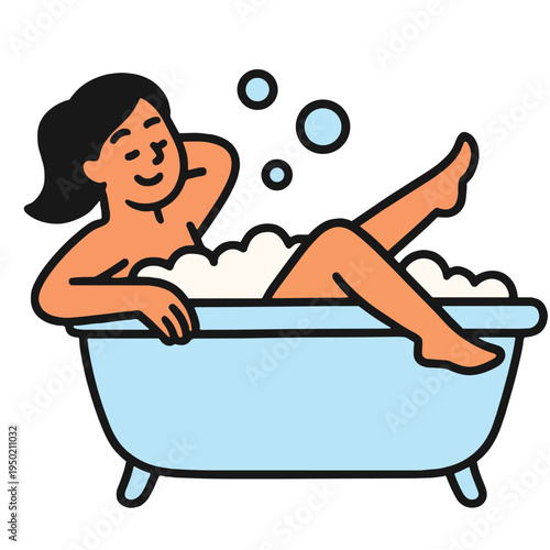 Woman relaxing bathtub bubble bath, happy female leisure, self care, wellness, cartoon style