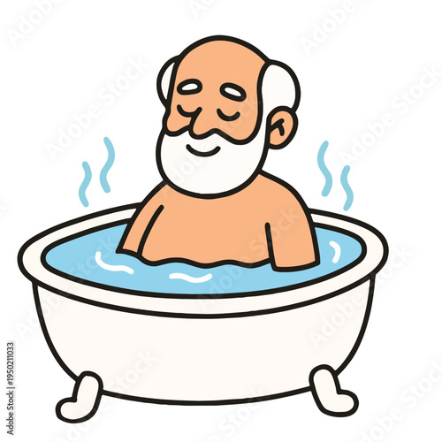 Elderly man bathtub relaxing steam cartoon happy beard white hair water hygiene