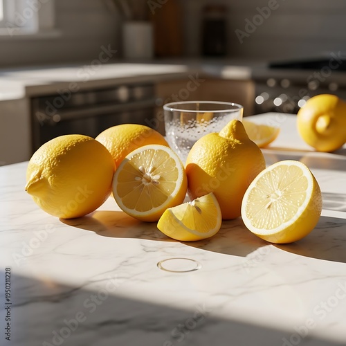 Bright yellow citrus fruits are arranged on a sunlit marble countertop in a kitchen setting