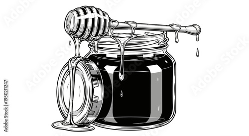 Jar of honey with a dipper dripping sweet liquid.