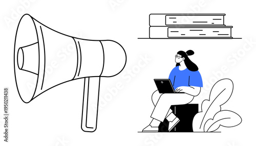 Digital communication concept. a megaphone for online announcements and a person engaging in remote learning with books and a laptop. Ideal for e-learning, marketing, communication tools, online
