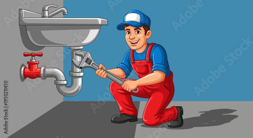 A plumber in red overalls and a blue shirt using a wrench on a sink pipe in a workshop with a blue wall