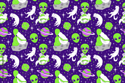 Alien and cat are friends in outer space vector seamless pattern.