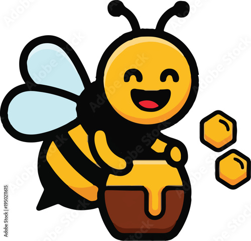 Happy cartoon bee character holding a brown honey pot with two golden honeycombs, a cute vector illustration for kids' products and sweet food branding