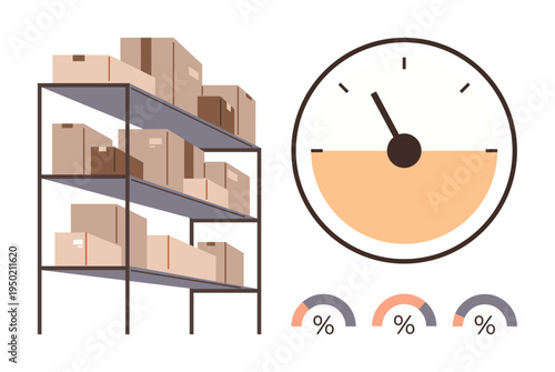 Inventory management, warehouse logistics, supply chain, performance tracking, business efficiency, storage analysis. Shelves with boxes and performance gauge. Inventory management and warehouse