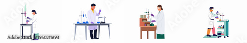 Set of flat vector illustrations featuring diverse scientists in lab coats conducting chemical experiments with professional laboratory equipment on a white background.