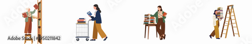 Flat illustration set of diverse women librarians and book lovers organizing, reading, and carrying stacks of books in a library or bookstore setting.