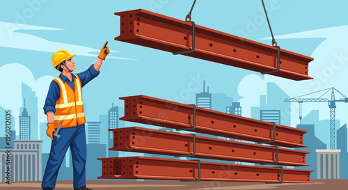 Construction worker in safety gear guiding a steel beam into place on a building site with a cityscape background.