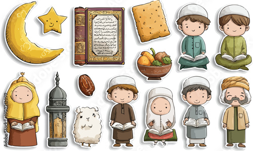 Set of four diverse people with food and drink icons in cartoon style