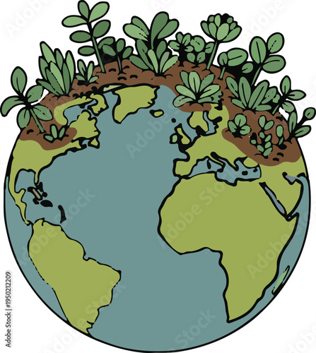 Hand-drawn style vector illustration of Earth globe with green plants growing on land, symbolizing environmental care, sustainability, and nature conservation.