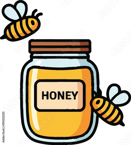 Sweet Honey Jar with Flying Bees Vector Illustration for Natural Food Products, Organic Marketing, and Healthy Lifestyle Designs