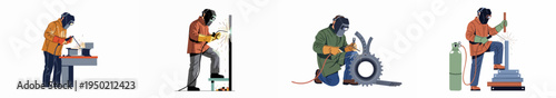 Collection of flat vector illustrations featuring professional welders in protective gear working with metal, sparks flying, and industrial equipment on a white background.