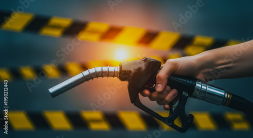 Fuel Crisis Concept with Hand Holding Gas Nozzle and Warning Tape Against Dark Background Symbolizing Energy Shortage