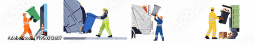 Sanitation Workers Emptying Trash Bins into Garbage Trucks Illustration Set