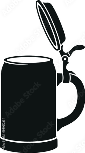 A detailed silhouette of a traditional beer stein with an opened lid, showing the classic handle and lid.