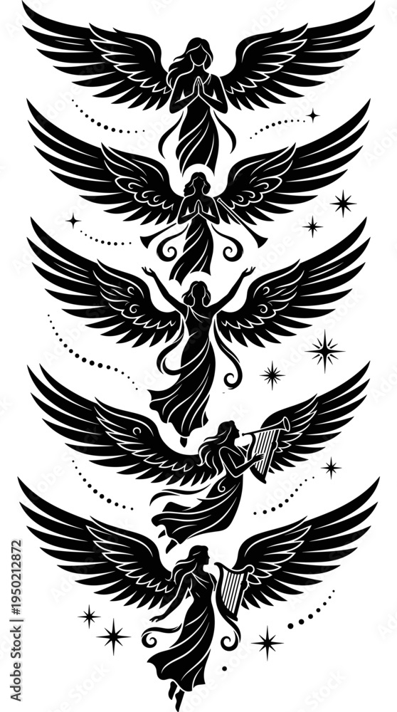 Naklejka premium Artistic depiction of angels with wings, arranged vertically, against a dark backdrop. Each angel exhibits unique poses and expressions. 