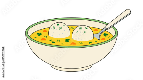 A bowl of delicious soup, featuring two dumplings with parsley garnish. A spoon rests in the broth