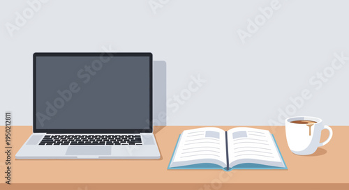 Laptop, open book, and coffee mug on a wooden desk, perfect for remote work or study sessions.