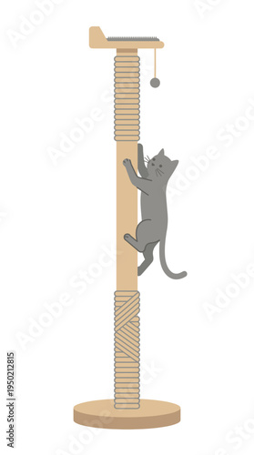 A cat climbing up on a cat scratching post, playing. The cat is fully focused on climbing