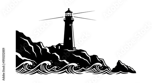 Lighthouse on rocky coast with crashing waves illustration.