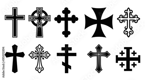 Diverse cross designs showcasing intricate details and variations, each representing faith and spirituality