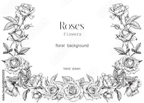 Vector vintage floral background flowering frame in black white. Delicate Roses flowers, leaves engraved elements. Toile art Hand drawn illustration for design greeting card, wedding decor, invitation