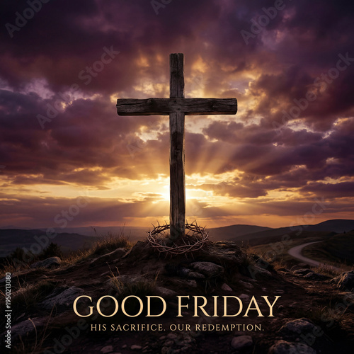 A cross on a hill with a crown of thorns at the base