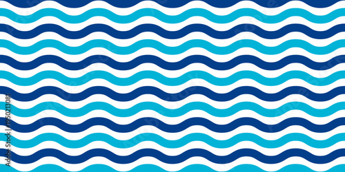 Waves pattern. Repeated parallel blue curvy lines on white background. Sea or ocean, lake or river water texture. Summer theme wallpaper. Simple marine print. Vector flat illustration.