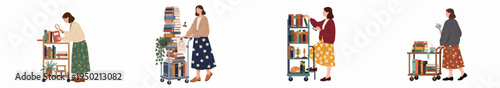 A collection of four illustrations featuring young women organizing and browsing books on library carts, showcasing a love for literature and cozy library aesthetics.