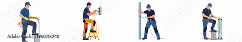 Set of illustrations showing professional electricians performing various electrical installation tasks, wiring, and maintenance work on a white background.