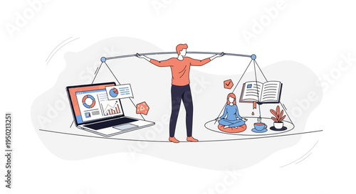 Man balancing work and life on a tightrope with scales.