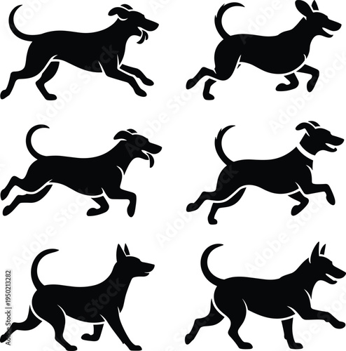 Six black silhouette dogs running in different poses desig