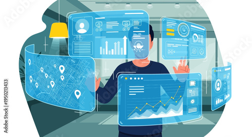 Man interacting with futuristic holographic interface displaying data.