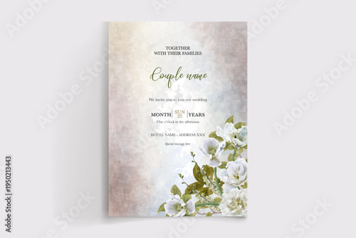 WEDDING INVITATION FRAME WITH FLOWER DECORATIONS AND FRESH LEAVES