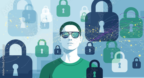 Man in Sunglasses Surrounded by Floating Locks.