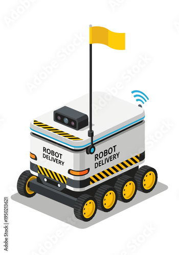 A compact, six-wheeled autonomous delivery robot is presented here, equipped with advanced top-mounted sensors, a tall yellow visibility flag, warning stripes, and its active blue wireless connection