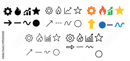 Interface icons with gear flame arrow flat colorful