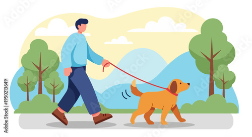 Man Walking His Golden Retriever Dog on Leash.