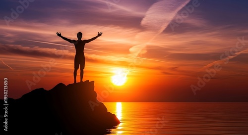 Silhouetted figure stands with arms raised atop a rocky outcrop against a vibrant ocean sunset