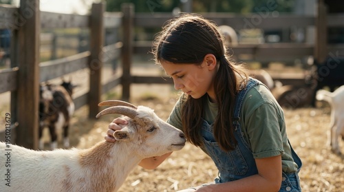Young girl petting a goat at a petting zoo. Child in denim overalls interacting with farm animals during golden hour. Rural life and animal connection concept