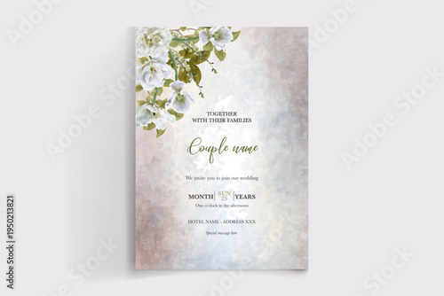 WEDDING INVITATION FRAME WITH FLOWER DECORATIONS AND FRESH LEAVES