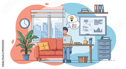 Man working from home in a split scene showing home and office environments.