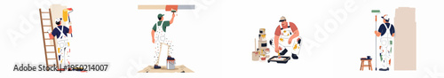 Flat illustration set of professional house painters in overalls painting walls and ceilings with rollers and brushes on white background.
