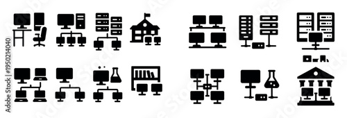 Office icons with monitor server chair minimal