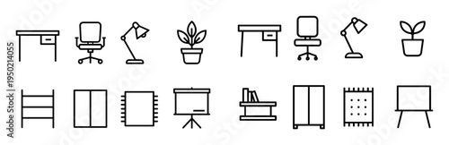 Office icons with desk chair and lamp outline